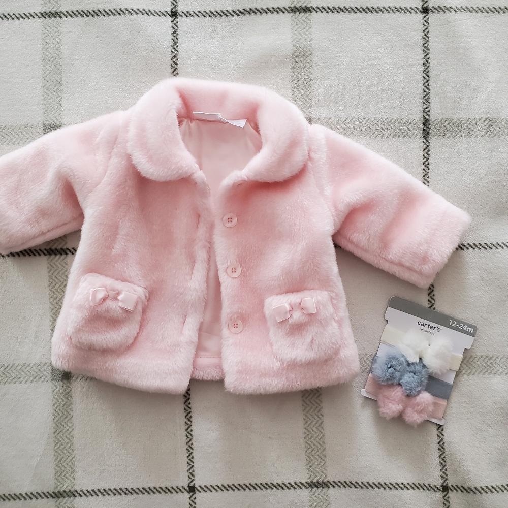 Baby Plush Pink Faux Fur Coat with Bow Pockets 6-9 Months
